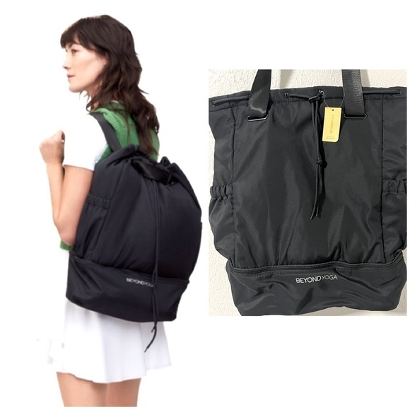 NWT BEYOND YOGA Black Convertible Gym Bag Gym to Desk Side Pockets Wide Straps - Picture 1 of 11